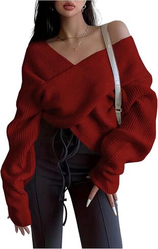 SweatyRocks Women's Criss Cross Wrap Sweater V Neck Long Sleeve Loose Fall Knit Tops in Saudi Arabia