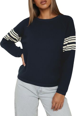 سترة نسائية الخريف طويلة الأكمام مخططة البلوز سترة عادية طاقم الرقبة متماسكة البلوز القمم (صغيرتي) in Kuwait