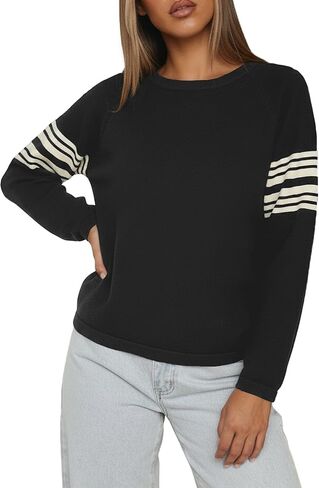 Womens Sweater Fall Long Striped Sleeve Pullover Sweater Casual Crew Neck Knit Jumper Tops（Petite） in Saudi Arabia