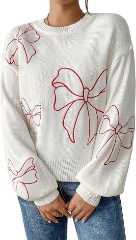 Womens Cute Bow Flower Crewneck Long Sleeve Sweater 2025 Ribbed Knit Lantern Sleeve Sweater in Kuwait