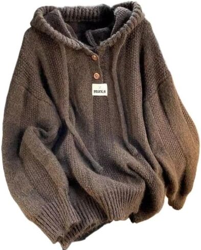 سترة نسائية ذات قلنسوة متماسكة كبيرة الحجم Preppy Y2K بلوفر الجد المكتنز سترة جمالية عتيقة ملابس هاراجوكو in Kuwait