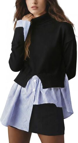 Wyeysyt Turtleneck Sweater Women Asymmetrical Tops 2 in 1 Slit Patchwork Pullover Buttons Down Striped Shirt Top(Black-L) in Kuwait