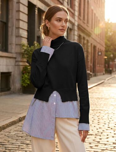 Wyeysyt Turtleneck Sweater Women Asymmetrical Tops 2 in 1 Slit Patchwork Pullover Buttons Down Striped Shirt Top(Black-L) in Kuwait