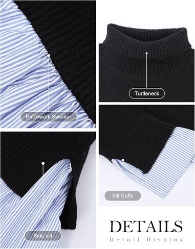 Wyeysyt Turtleneck Sweater Women Asymmetrical Tops 2 in 1 Slit Patchwork Pullover Buttons Down Striped Shirt Top(Black-L) in Kuwait