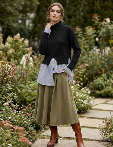 Wyeysyt Turtleneck Sweater Women Asymmetrical Tops 2 in 1 Slit Patchwork Pullover Buttons Down Striped Shirt Top(Black-L) in Kuwait