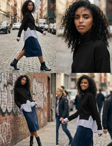 Wyeysyt Turtleneck Sweater Women Asymmetrical Tops 2 in 1 Slit Patchwork Pullover Buttons Down Striped Shirt Top(Black-L) in Kuwait