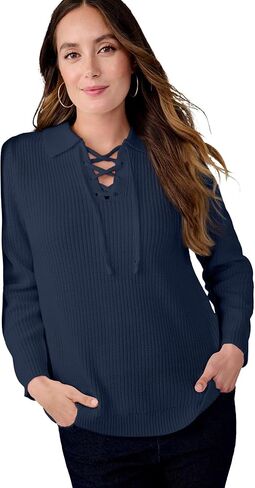 Jessica London Women's Plus Size Pullover Collared Lace Up Shaker Sweater in Kuwait