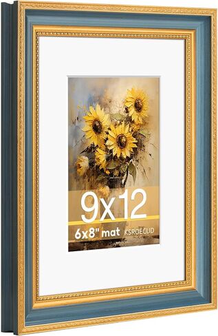 9x12 Picture Frame for 6x8 Photo with White Mat, HD Real Glass 9x12 Vintage Photo Frame with Gold Blue Texture Border Horizontal & Vertical Display for Tabletop or Wall Decor (1 Pack) in Kuwait