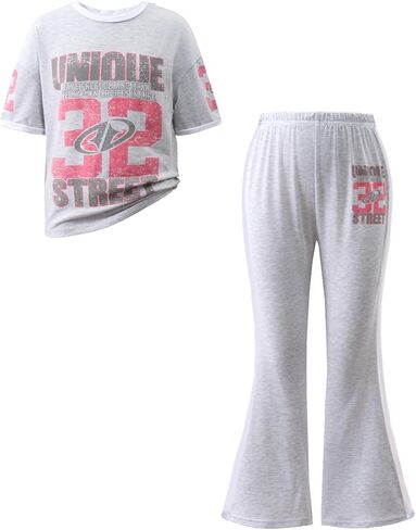 9-12 Years Girls 2-Piece Outfit Letter Print Short Sleeve T-shirt & Flare Pants Set Tween Girls Fashion Clothing in Saudi Arabia