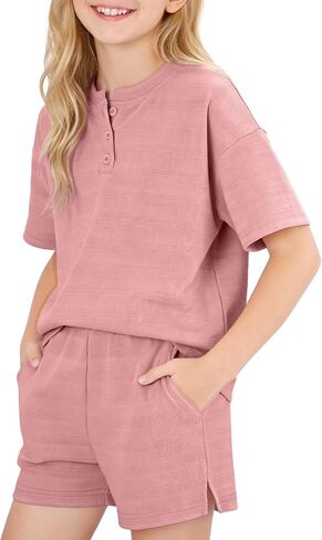 WESIDOM Girls Clothes 2 Piece Outfits 6-14Y Solid Textured Round Neck 3 Button Top+Shorts with Pockets in Kuwait