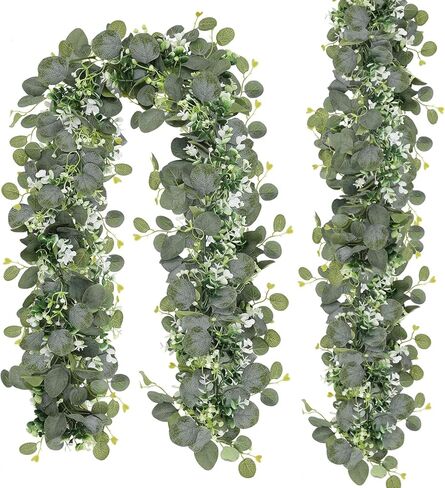 N&T NIETING 6 Pack Artificial Eucalyptus Leaf Garland, Faux Greenery Garland Decor 6 FT Summer Garland, Fake Hanging Vines Garlands for Decoration Table Mantle in Kuwait