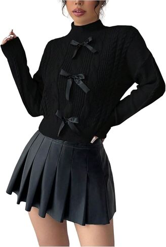 GORGLITTER Women's Bow Cropped Sweater Cable Knit Mock Neck Long Sleeve Fall Fashion Pullover Tops in Saudi Arabia