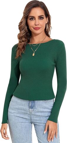 Boat Neck Sweater Tops for Women Long Sleeve Slim Fit Fall Ribbed Knit Pullover Sweaters in Saudi Arabia