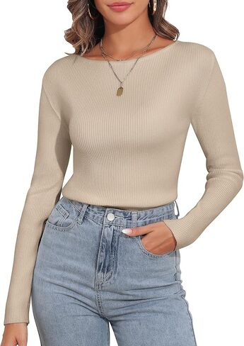 Boat Neck Sweater Tops for Women Long Sleeve Slim Fit Fall Ribbed Knit Pullover Sweaters in Saudi Arabia