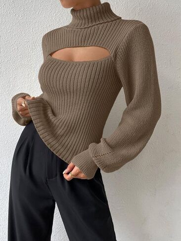 SISKIN Ribbed Long Sleeve Tops for Women Fitted Fall Pullover Sweaters Cut Out Turtle Neck Sweater Sexy Fall Outfits Khaki M in Kuwait