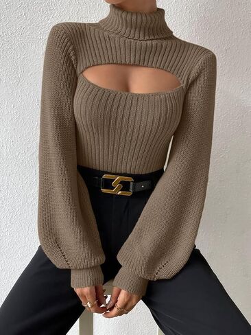 SISKIN Ribbed Long Sleeve Tops for Women Fitted Fall Pullover Sweaters Cut Out Turtle Neck Sweater Sexy Fall Outfits Khaki M in Kuwait