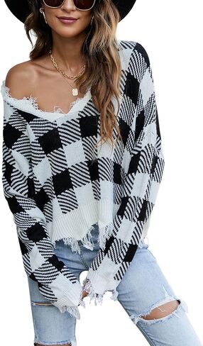 chouyatou Women's Cute Y2k Ripped Sweater Frayed V-Neck Loose-Fit Floral Knitted Pullover Crop Top in Saudi Arabia