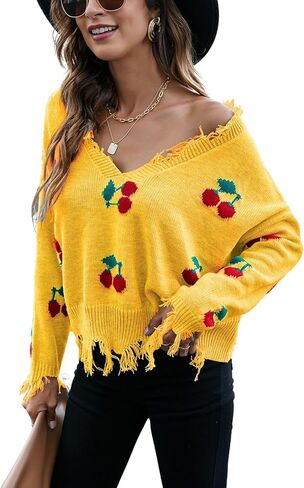 chouyatou Women's Cute Y2k Ripped Sweater Frayed V-Neck Loose-Fit Floral Knitted Pullover Crop Top in Saudi Arabia
