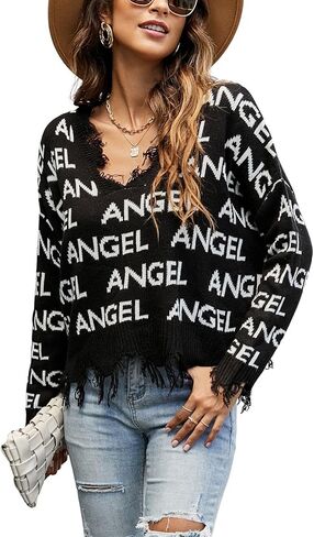 chouyatou Women's Cute Y2k Ripped Sweater Frayed V-Neck Loose-Fit Floral Knitted Pullover Crop Top in Saudi Arabia