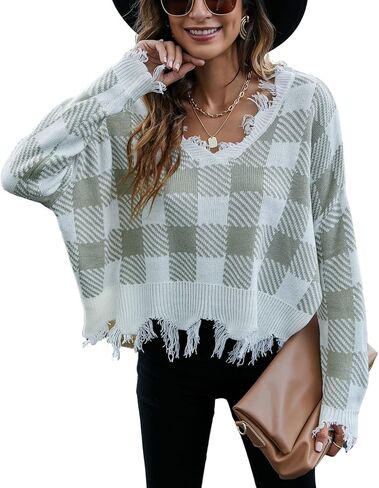 chouyatou Women's Cute Y2k Ripped Sweater Frayed V-Neck Loose-Fit Floral Knitted Pullover Crop Top in Saudi Arabia