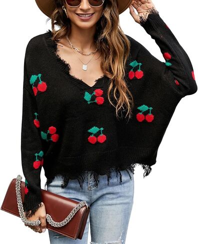 chouyatou Women's Cute Y2k Ripped Sweater Frayed V-Neck Loose-Fit Floral Knitted Pullover Crop Top in Saudi Arabia