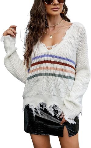 chouyatou Women's Cute Y2k Ripped Sweater Frayed V-Neck Loose-Fit Floral Knitted Pullover Crop Top in Saudi Arabia