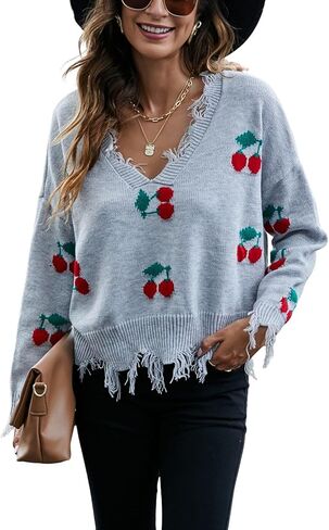 chouyatou Women's Cute Y2k Ripped Sweater Frayed V-Neck Loose-Fit Floral Knitted Pullover Crop Top in Saudi Arabia