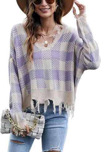 chouyatou Women's Cute Y2k Ripped Sweater Frayed V-Neck Loose-Fit Floral Knitted Pullover Crop Top in Saudi Arabia