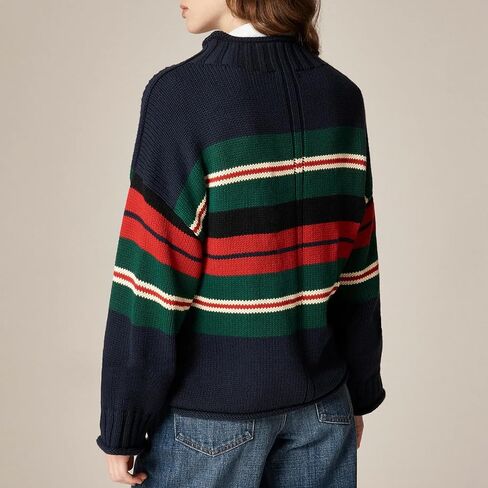 سترات كبيرة الحجم للنساء ذات رقبة عالية وأكمام طويلة وناعمة ومكتنزة ومتماسكة بلوفر مخطط ملابس خارجية (مخطط كحلي، M) in Kuwait