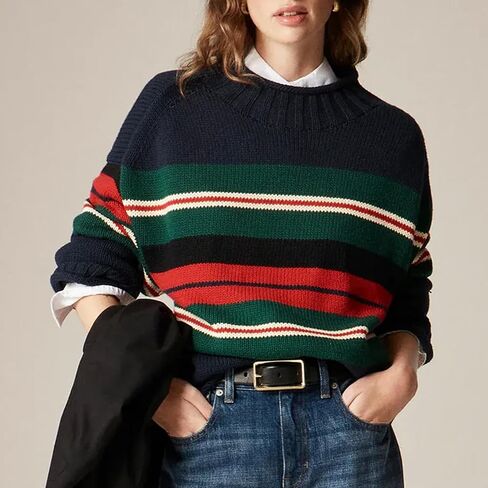 سترات كبيرة الحجم للنساء ذات رقبة عالية وأكمام طويلة وناعمة ومكتنزة ومتماسكة بلوفر مخطط ملابس خارجية (مخطط كحلي، M) in Kuwait