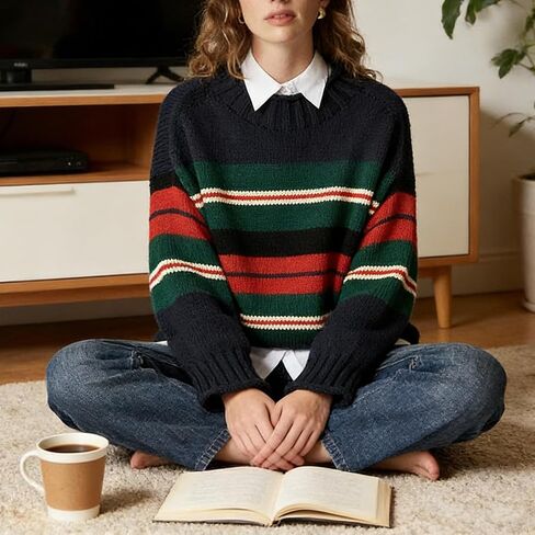 سترات كبيرة الحجم للنساء ذات رقبة عالية وأكمام طويلة وناعمة ومكتنزة ومتماسكة بلوفر مخطط ملابس خارجية (مخطط كحلي، M) in Kuwait