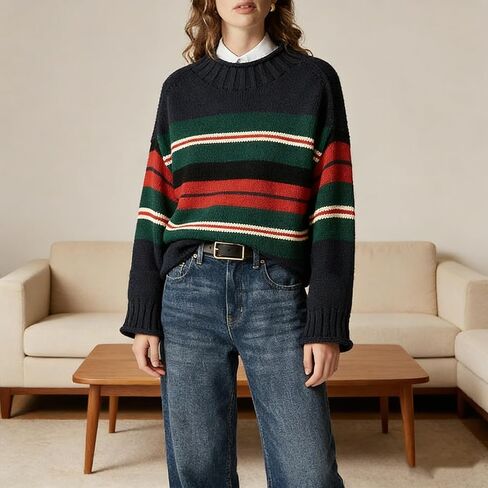 سترات كبيرة الحجم للنساء ذات رقبة عالية وأكمام طويلة وناعمة ومكتنزة ومتماسكة بلوفر مخطط ملابس خارجية (مخطط كحلي، M) in Kuwait