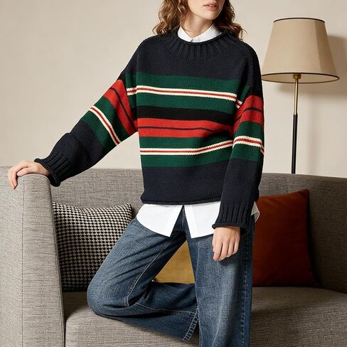 سترات كبيرة الحجم للنساء ذات رقبة عالية وأكمام طويلة وناعمة ومكتنزة ومتماسكة بلوفر مخطط ملابس خارجية (مخطط كحلي، M) in Kuwait