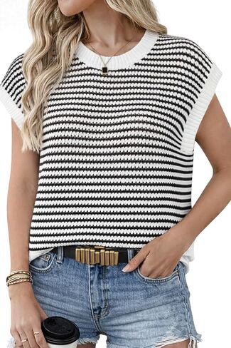 Women’s Striped Knit Sweater Vest Top, Sleeveless Crewneck Chunky Knit Pullover, Casual Loose Fit Lightweight Summer Top in Saudi Arabia