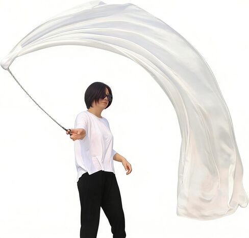Winged Sirenny 90" Play Silk Scarf with Poi Ball, Colorful Silk Flag Ribbon Streamer, Belly Dance Practice VOI, Single Piece (White) in Kuwait