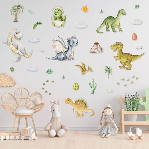 Dayker Dinosaur Wall Decals, Watercolor Dino Wall Stickers, Dinosaurs Plants Volcano Cave Peel and Stick Wall Art Decor, Cartoon Wallpaper for Nursery Boys Girls Bedroom Playroom Classroom in Saudi Arabia