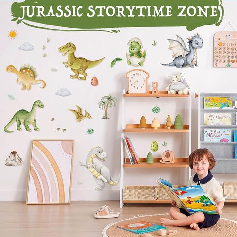 Dayker Dinosaur Wall Decals, Watercolor Dino Wall Stickers, Dinosaurs Plants Volcano Cave Peel and Stick Wall Art Decor, Cartoon Wallpaper for Nursery Boys Girls Bedroom Playroom Classroom in Saudi Arabia