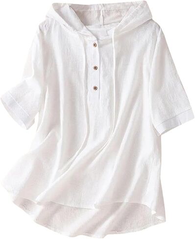 Cotton Linen Hoodies for Women Summer 3/4 Sleeve Button Up Drawstring Tops Lightweight Casual Gauze Shirts in Saudi Arabia