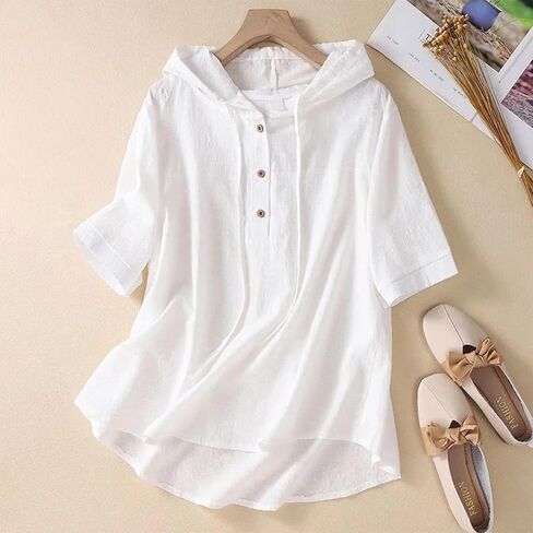 Cotton Linen Hoodies for Women Summer 3/4 Sleeve Button Up Drawstring Tops Lightweight Casual Gauze Shirts in Saudi Arabia