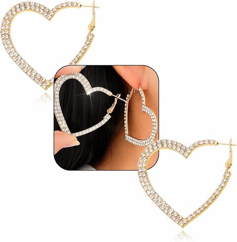 Chunky Large Sparkly Rhinestone Heart Hoop Earrings For Women Silver Gold Statement Big Crystal Cz Hoops Fashion Dangle Hearts Hoops Earring Jewelry in Kuwait