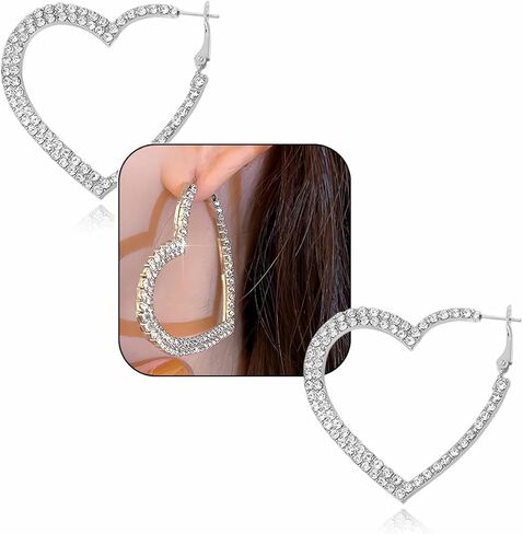 Chunky Large Sparkly Rhinestone Heart Hoop Earrings For Women Silver Gold Statement Big Crystal Cz Hoops Fashion Dangle Hearts Hoops Earring Jewelry in Saudi Arabia