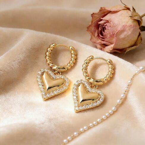 Gold Heart Hoop Earrings for Women, Chunky Puffy Cute Sparkly Rhinestone Dangle Lightweight Love Huggie Earings Valentines Day Prom Accessories Jewelry Gift in Saudi Arabia