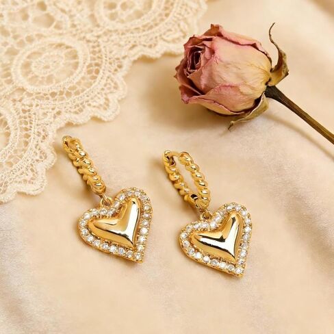 Gold Heart Hoop Earrings for Women, Chunky Puffy Cute Sparkly Rhinestone Dangle Lightweight Love Huggie Earings Valentines Day Prom Accessories Jewelry Gift in Saudi Arabia