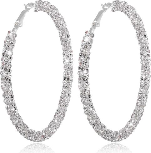 Rhinestone Hoop Earrings for Women, 2.92in Large Hoop Earrings Sparkly Big Hoops Earing for Wedding Party Outfits Christmas Birthday New Year in Kuwait