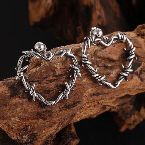 Gothic Barbed Wire Heart Hoop Earrings, Punk Barbed Thorn Dangle Drop Earings Stainless Steel in Saudi Arabia