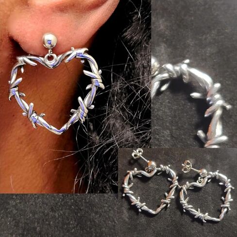 Gothic Barbed Wire Heart Hoop Earrings, Punk Barbed Thorn Dangle Drop Earings Stainless Steel in Saudi Arabia