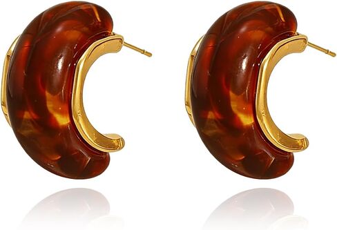 Chunky Brown Earrings for Women Gold Brown Resin Hoop Earrings Geometric Hollow Amber Color Earrings Vintage Jewelry Gift in Kuwait
