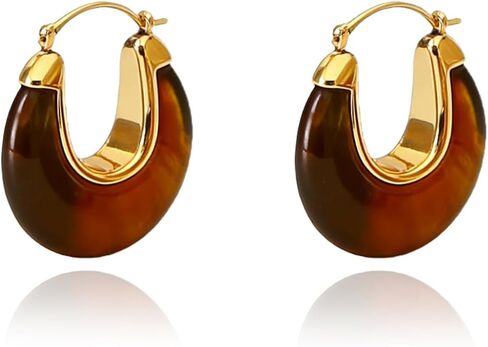 Chunky Brown Earrings for Women Gold Brown Resin Hoop Earrings Geometric Hollow Amber Color Earrings Vintage Jewelry Gift in Saudi Arabia