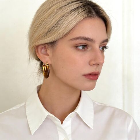 Chunky Brown Earrings for Women Gold Brown Resin Hoop Earrings Geometric Hollow Amber Color Earrings Vintage Jewelry Gift in Saudi Arabia