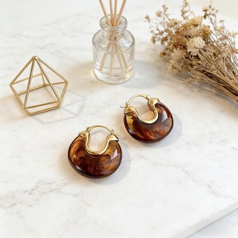 Chunky Brown Earrings for Women Gold Brown Resin Hoop Earrings Geometric Hollow Amber Color Earrings Vintage Jewelry Gift in Saudi Arabia